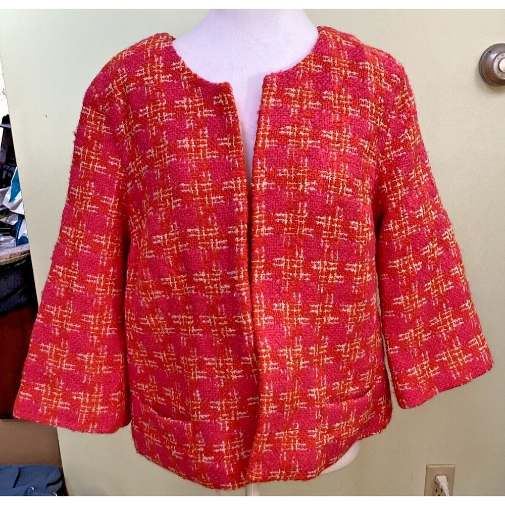 Boden Sz 10 Pink Orange Tweed Wool Blend Open Cardigan Career Blazer Barbiecore